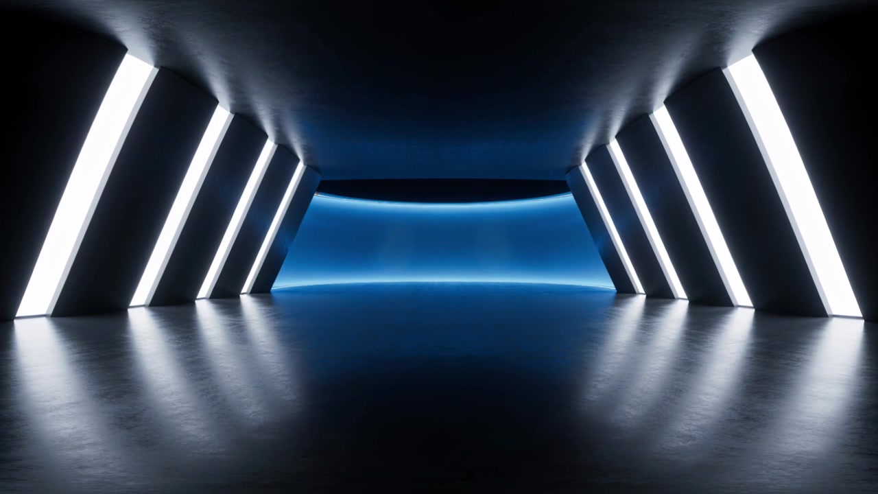 Corridoio futuristico pulsante con pannelli LED bianchi che variano di luminosità all'ingresso, e una parete di fondo blu.