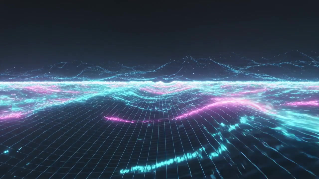 Unfolding left to right, cyan magenta waves over neon grid forming crests, tracing particles