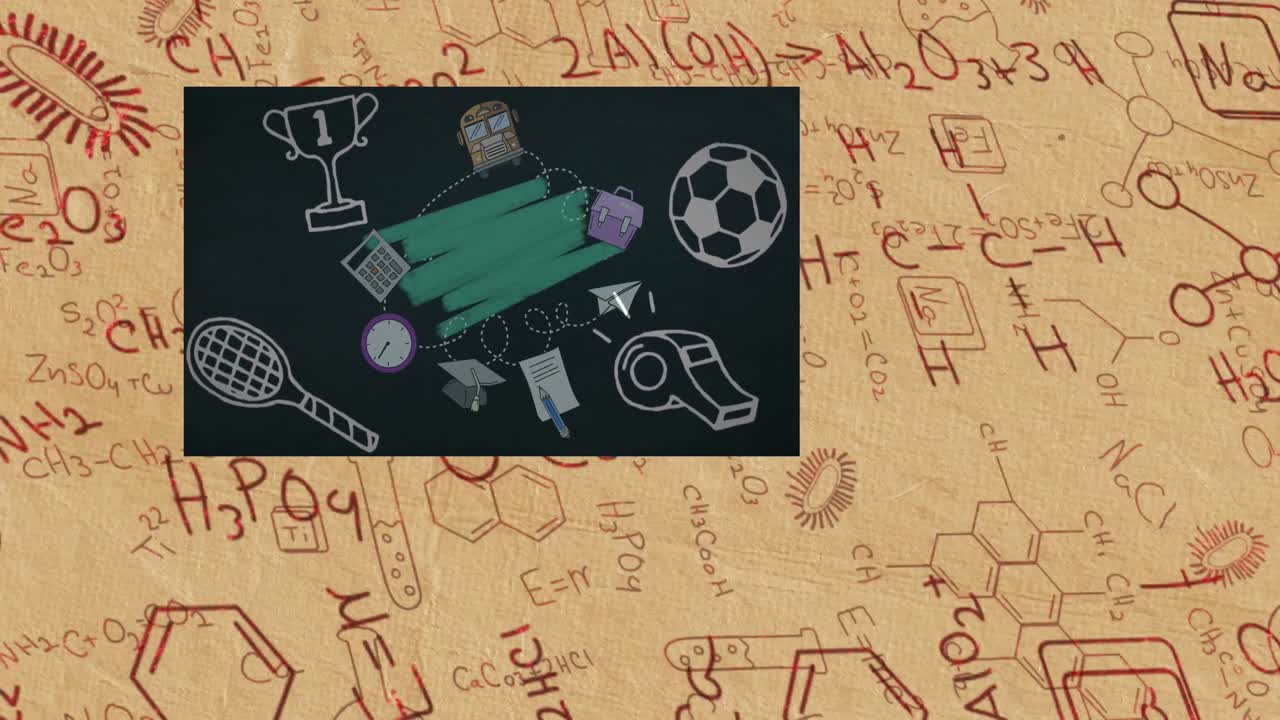 animación de iconos escolares sobre ecuaciones químicas