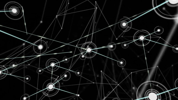 Animazione di una rete di connessioni con icone su sfondo nero.