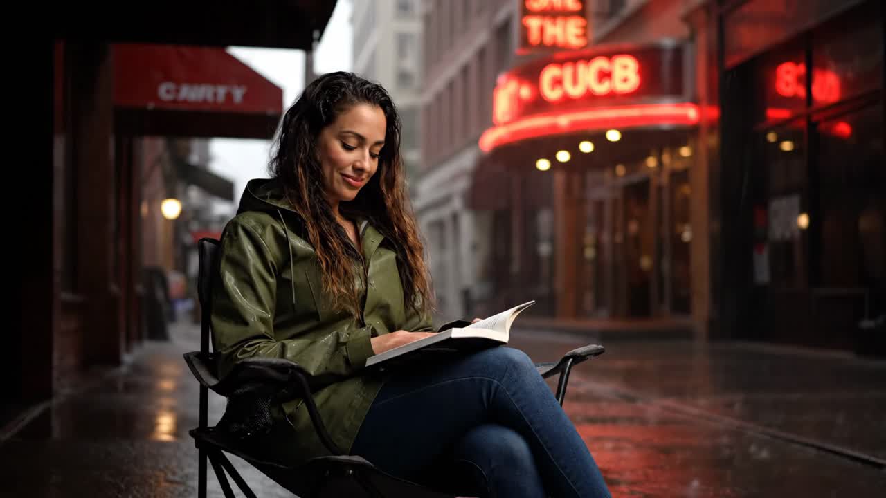 Woman Reading a Book on a Rainy City Street