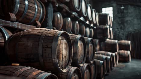 wooden barrels in a warehouse