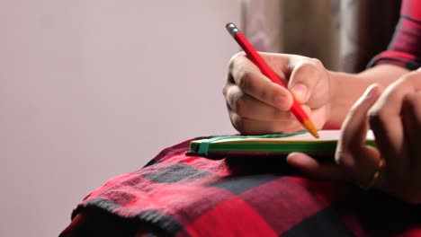 primer plano de una mano escribiendo en un cuaderno con un lápiz rojo