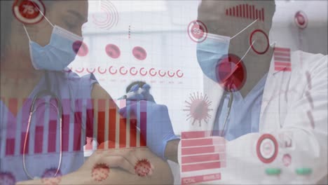 animation of covid 19 cells and data over biracial female doctor in face mask getting vaccination