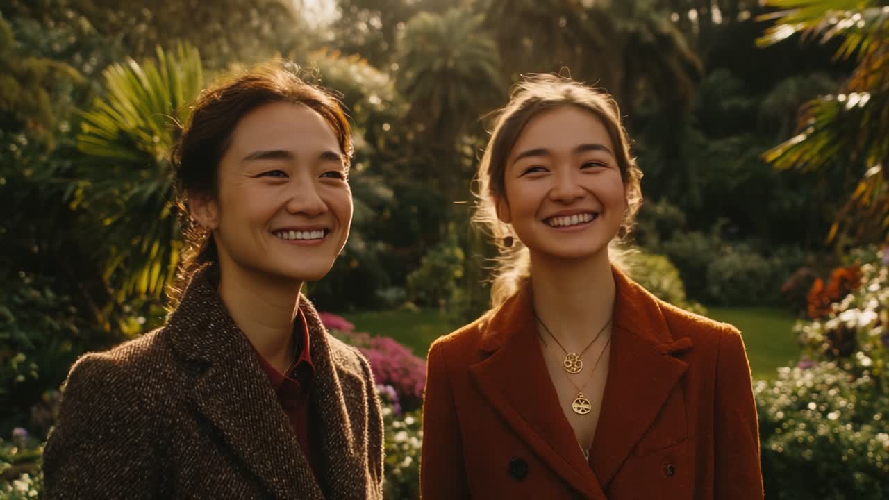 Freudige Momente in der Natur: Zwei Freunde teilen Lachen und Verbundenheit inmitten einer üppigen Gartenumgebung, ihre Bindung feiernd, umgeben von lebendiger Flora.