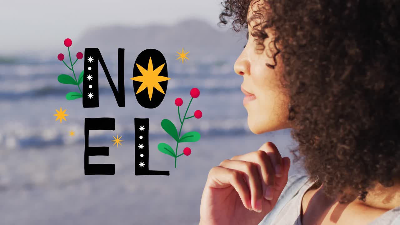 animación del texto de noel sobre una mujer afroamericana en la playa.