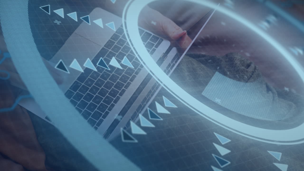 Typing on laptop, person using futuristic digital interface with animation elements
