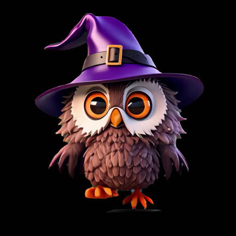 cute owl wearing a purple witch hat animation isolated asset, transparent 4k video, alpha channel