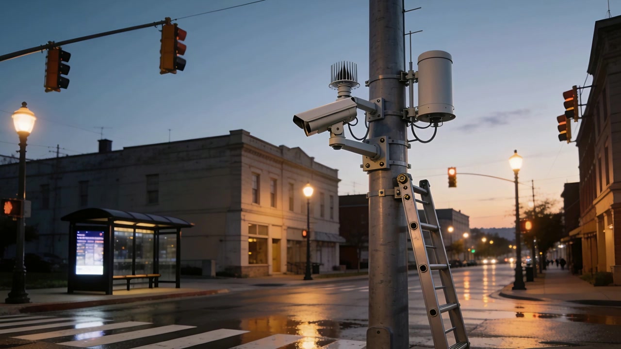 Mostrando una telecamera di sicurezza su un palo a un attraversamento pedonale in centro dopo la pioggia, con una scala appoggiata per la riparazione.