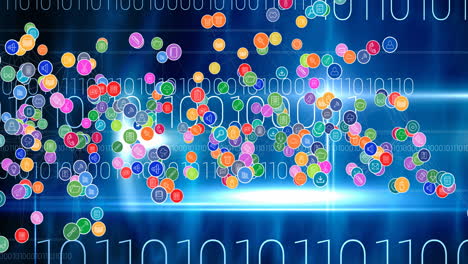 animation of network of connections with digital icons over binary coding in background