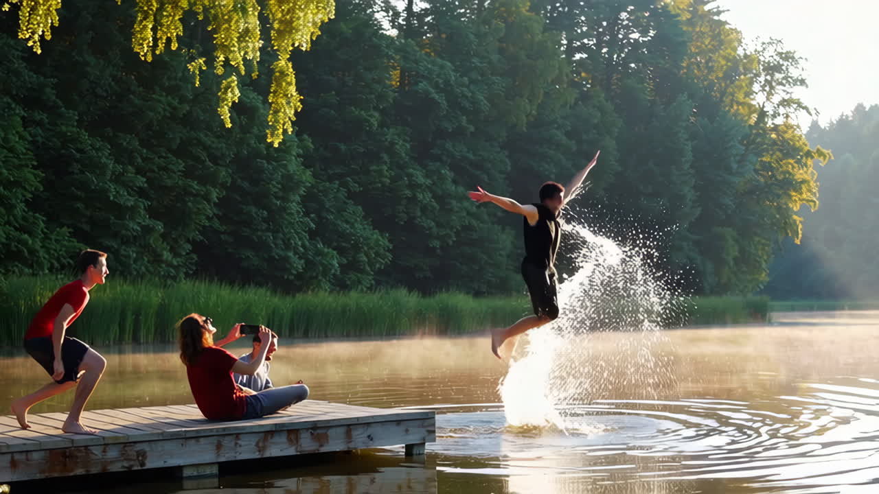 Friends Jumping in a Lake at Sunrise
