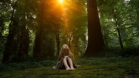 girl sitting in an enchanting forest with sunbeams
