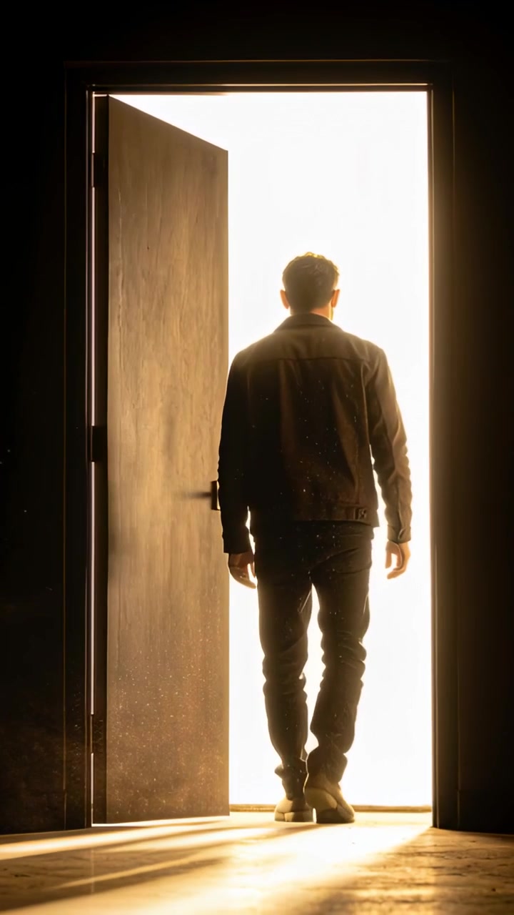 Video vertical: Hombre con chaqueta oscura caminando, cruzando una puerta hacia una luz brillante que levanta polvo.
