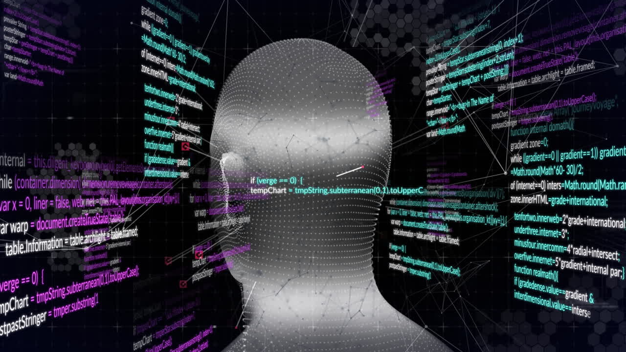 animación de visores en torno a la representación humana, puntos conectados y lenguaje informático