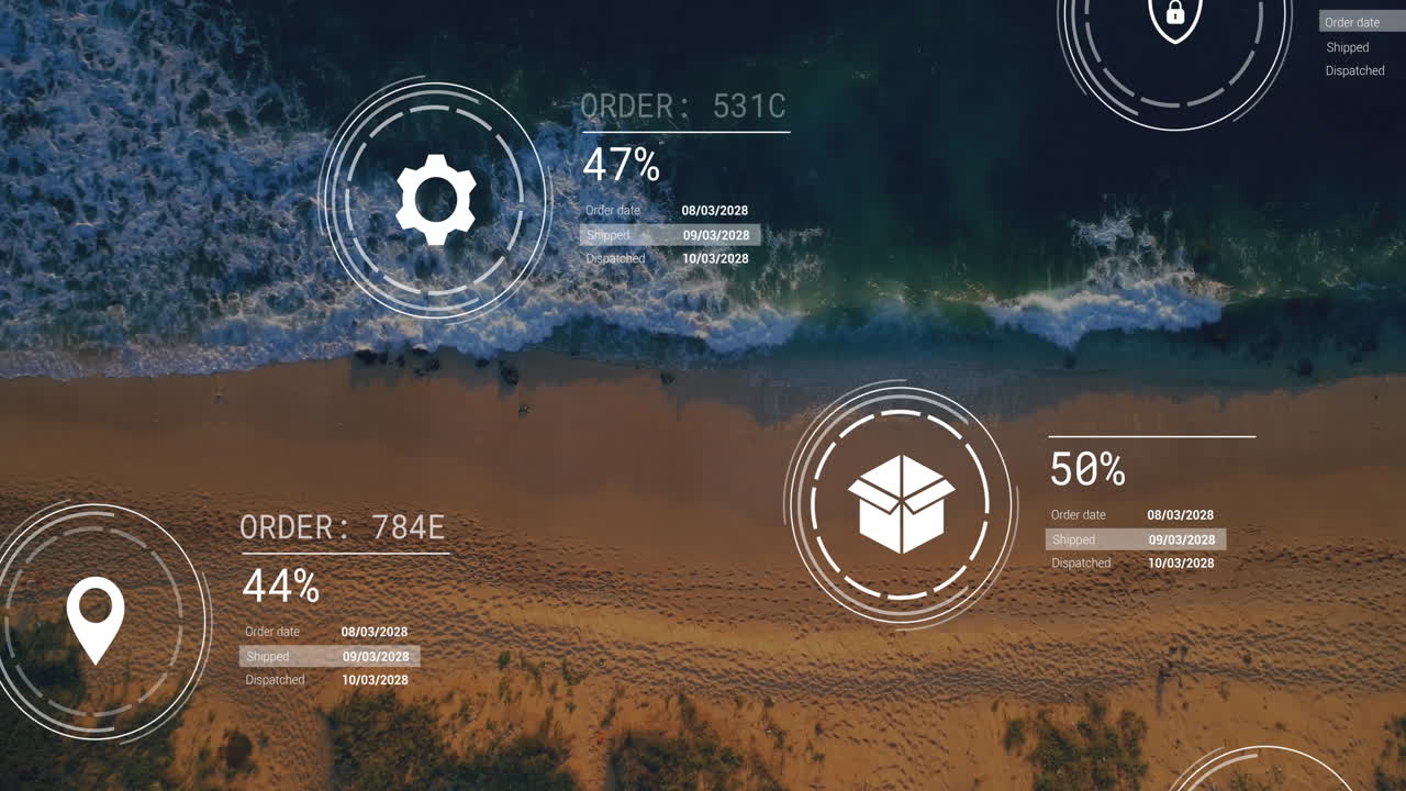 Animation of network of icons and data processing over landscape