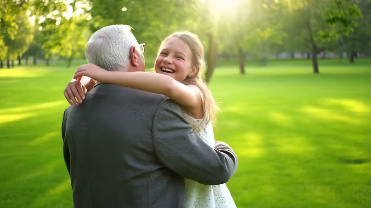 Granddaughter hugging grandfather in a park