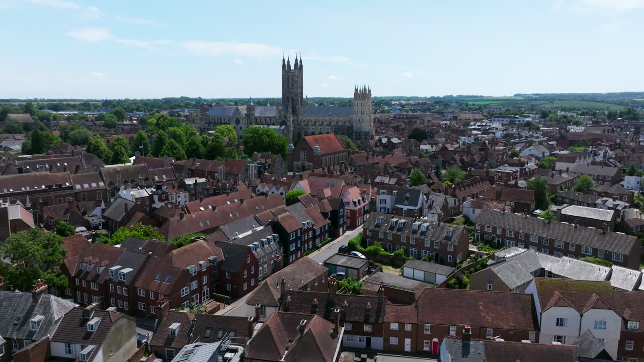 Residential Houses In Canterbury With Cathedral In The Background In Kent, England, UK. - aerial shot