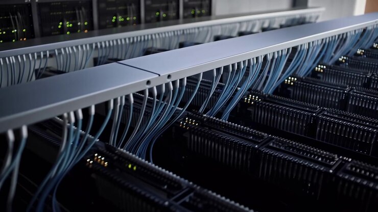 Close-up motion scene of densely arranged blue Ethernet cables plugged into horizontal cable management bar and descending into closely spaced server blade slots, cables appear gently curved and