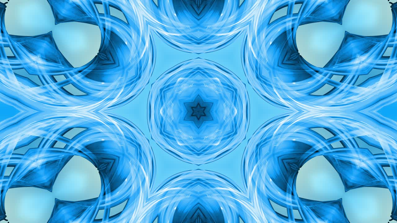 animación en bucle 3d, un fondo abstracto con cintas azules girando y formando estrellas o copos de nieve como con un efecto caleidoscópico. imágenes sin costuras de 4k con luma matte como canal alfa. 13