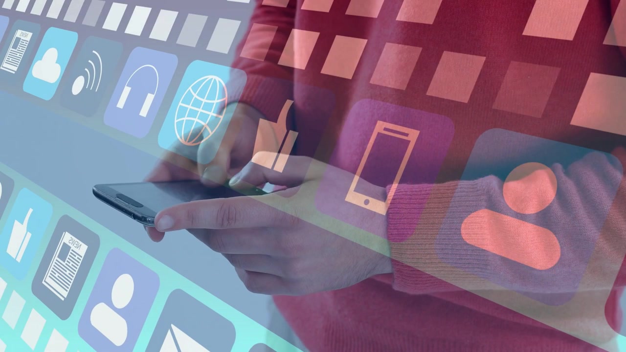 Male hands and torso tapping smartphone, causing app icons shifting mail, bell, globe for browsing