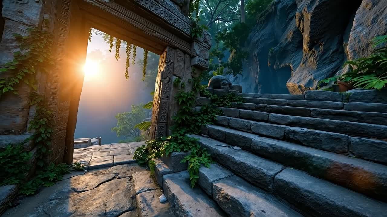 A stone stairway leading up to an open door in a cave