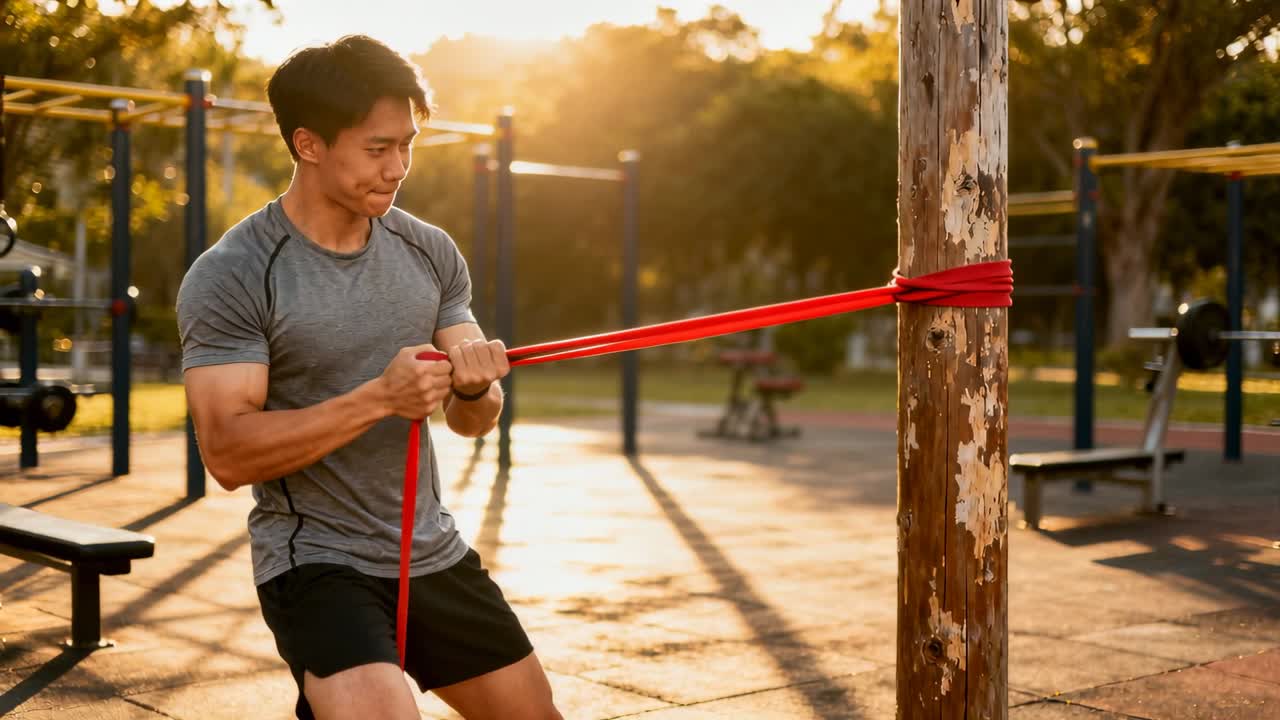 Pulling man, gray tee, black shorts, pulling red band looped around post at park, building strength