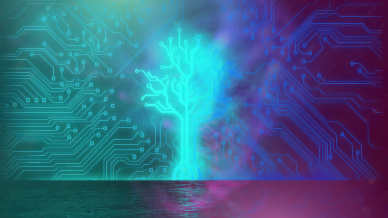 Animation of glowing blue tree network and motherboard over pink and blue defocused lights