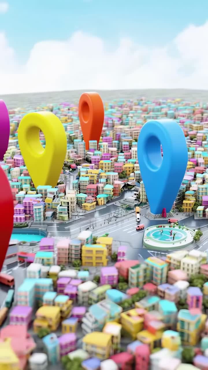 Vista aerea di segnaposto colorati in uno scenario urbano, che ricorda un ambiente da videogioco