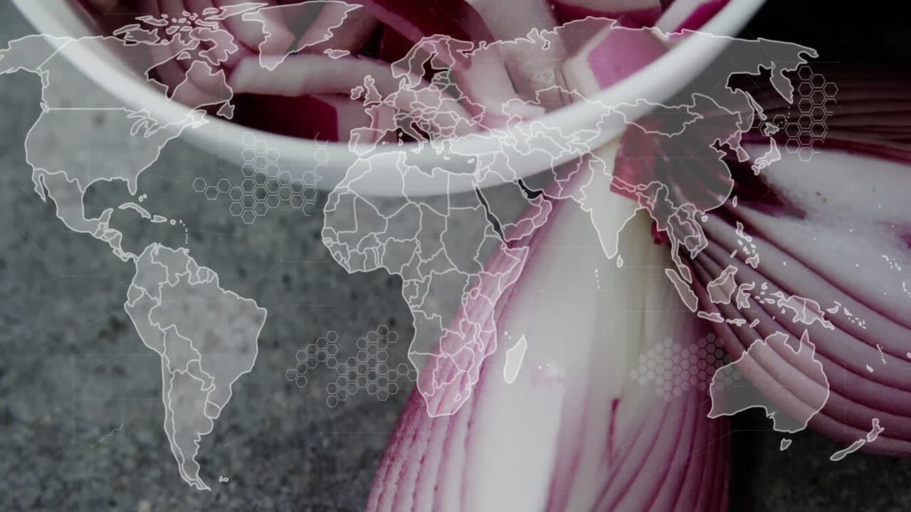 Sliced onions in bowl with world map and data processing animation overlay