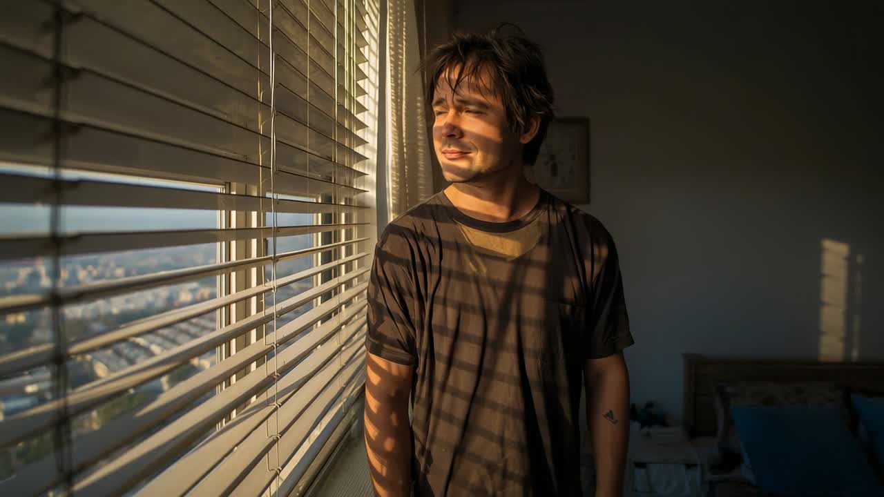 Entering frame adult male parting apartment blinds, gazing at city skyline, admiring golden light