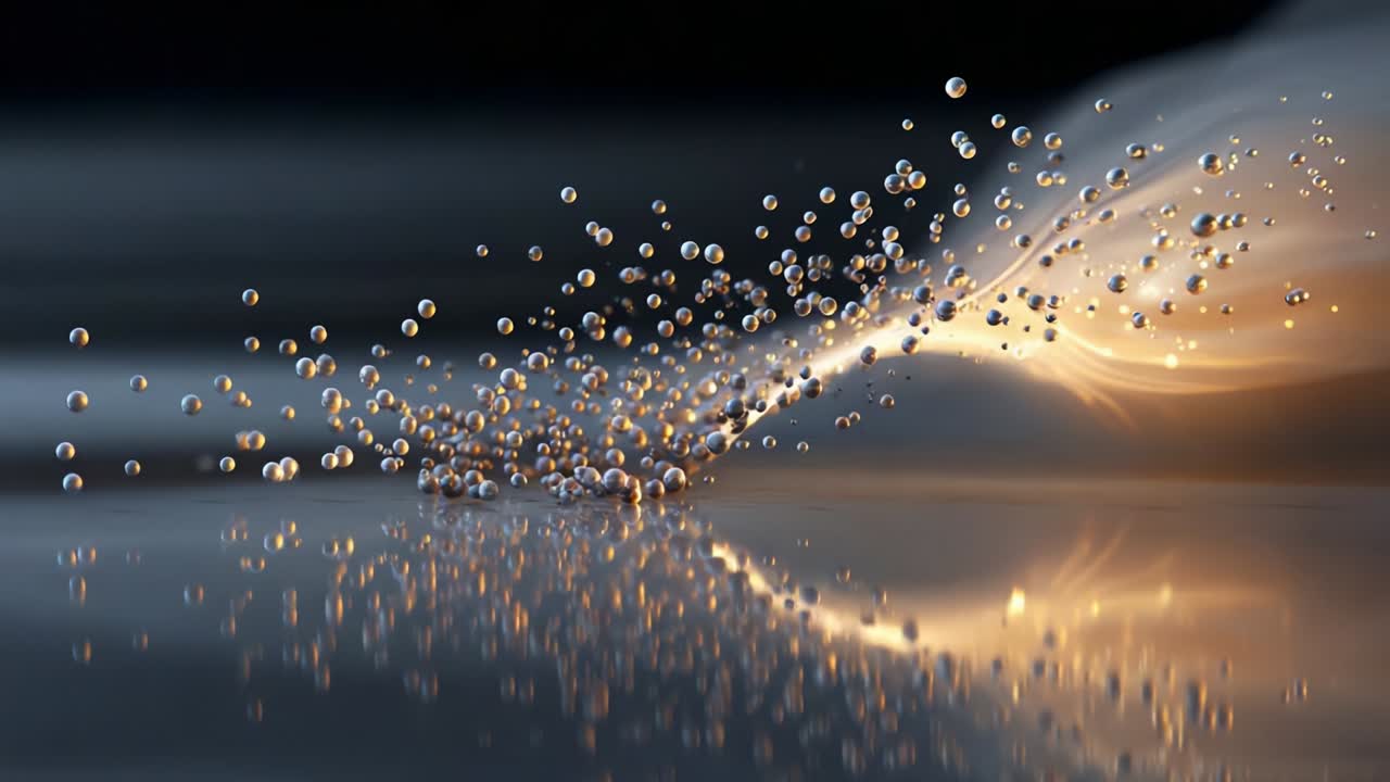 An ethereal display of shimmering droplets captures the light as they dance gracefully across a smooth surface, creating a mesmerizing interplay of reflections and soft glowing wisps of energy