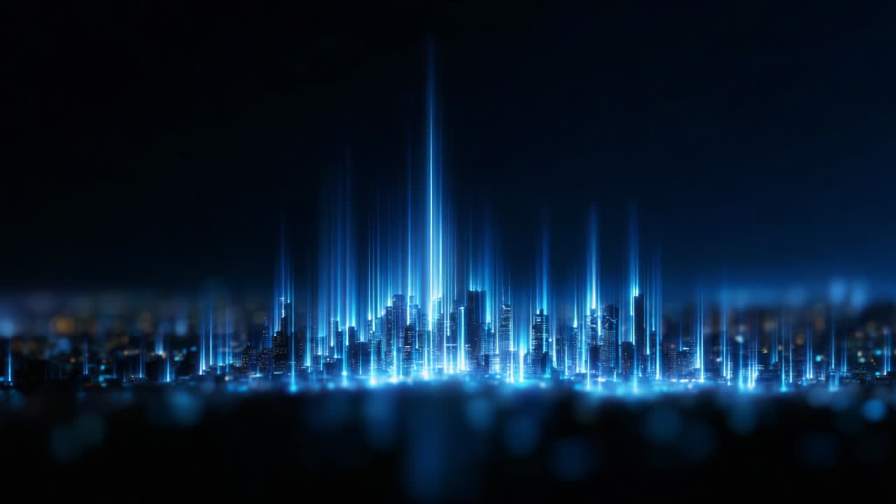 Illuminated Urban Skyline: A Spectacular Display of Blue Light and Radiance Showcasing the Dynamic Energy and Vibrancy of a Metropolis at Night, Enhanced by Pulsating Light Beams from the Ground to the Skies