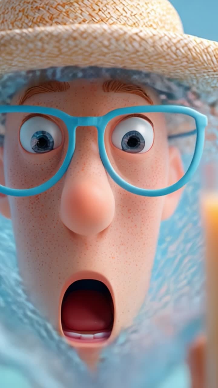 Surprised Character with Glasses and Straw Hat Framed in Plastic Reflective Surroundings Captures a Moment of Shock and Curiosity in a Colorful Scene