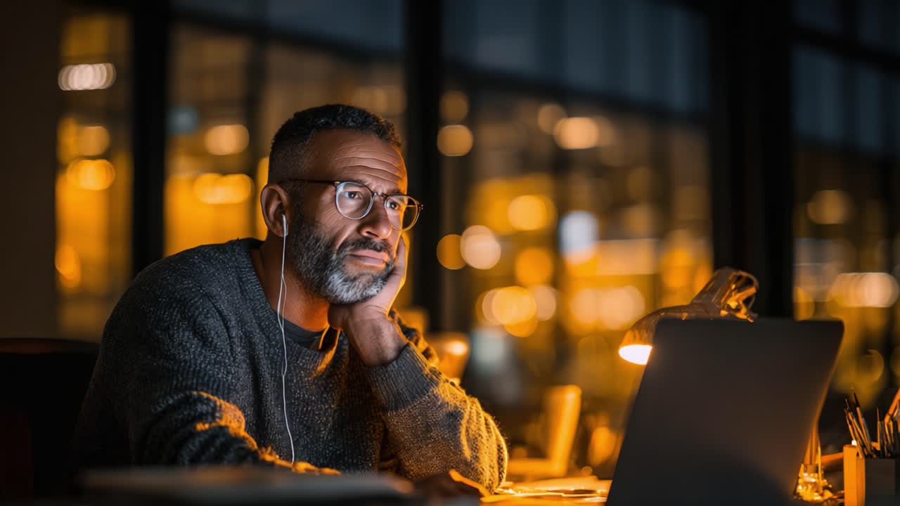A contemplative man in a cozy sweater, gazing thoughtfully at his laptop in a warmly lit workspace, captures the essence of modern solitude and creativity at night