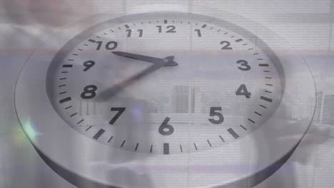 animation of vhs effect over ticking clock against time-lapse of businesspeople walking at office