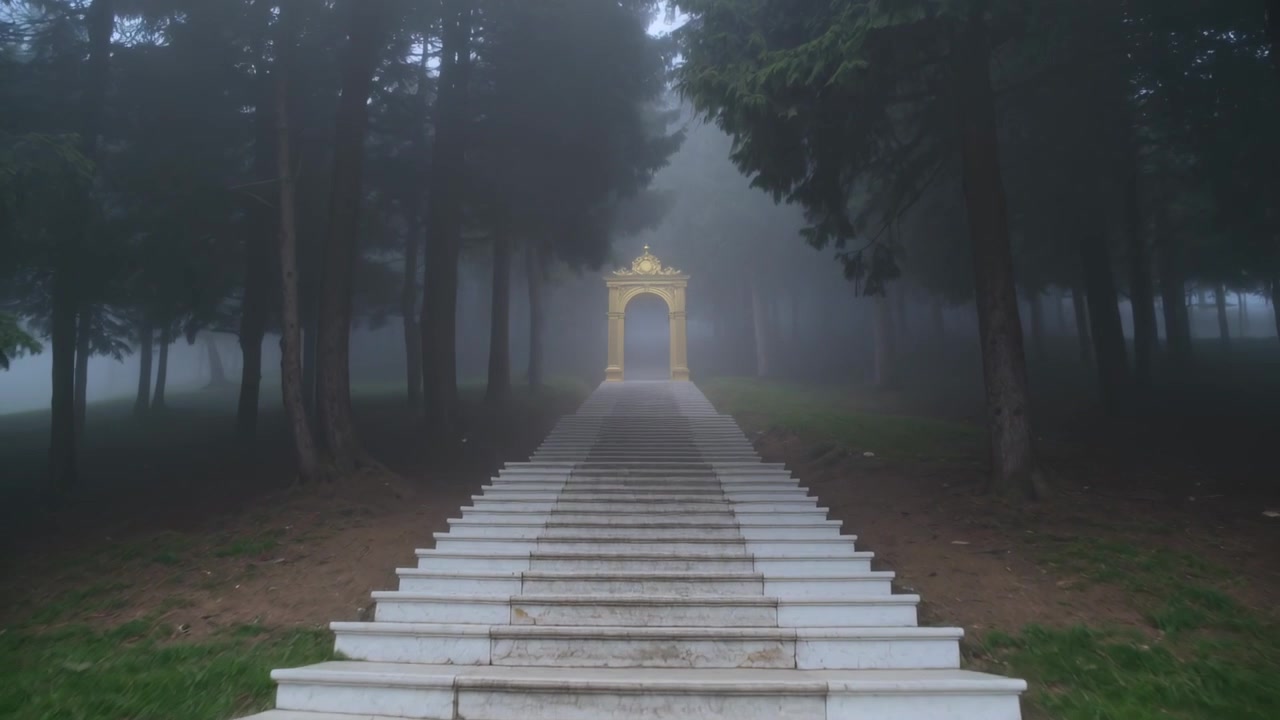 Moving dolly camera up stone staircase through foggy park, showing tall trees and gilded archway