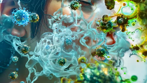 a woman's face is covered in green and blue smoke. the smoke is coming from a fire, and the woman's face is covered in it. the image is a representation of the effects of pollution