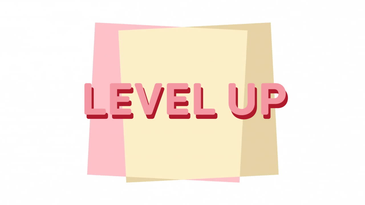 Level up text animation over pink and yellow shapes on white background