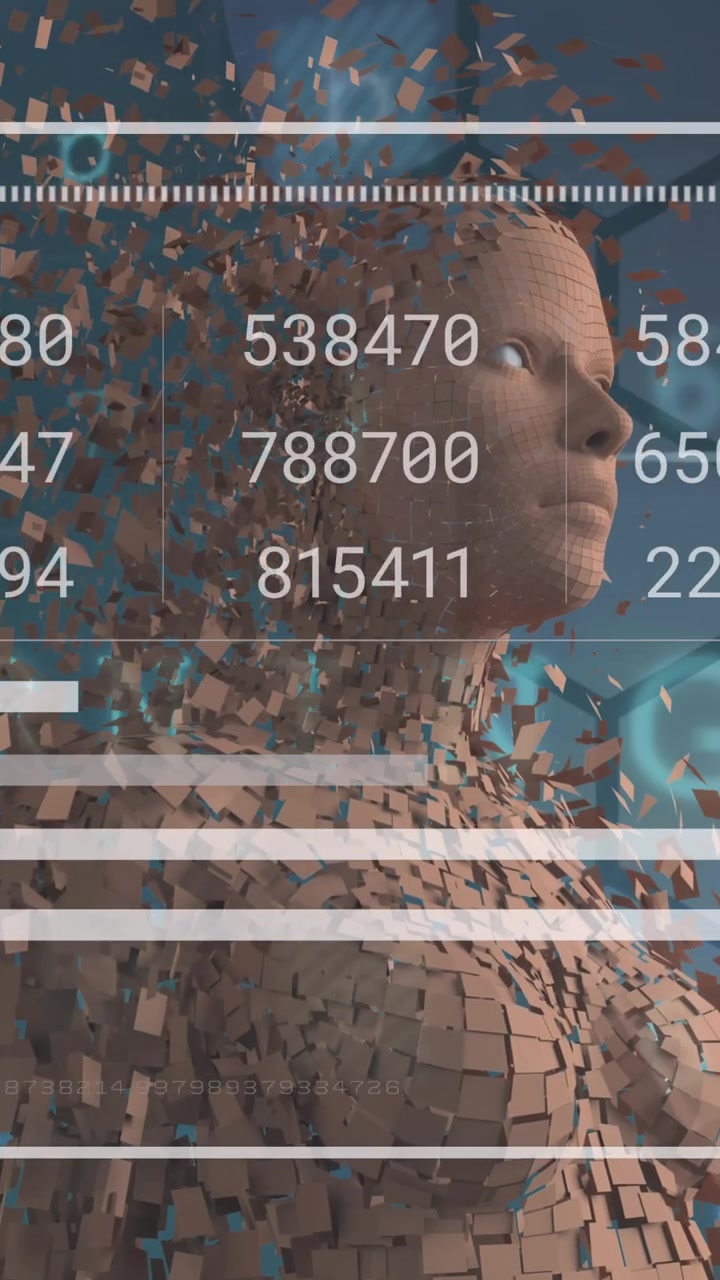 Animation of data processing and digital human over shapes on blue background