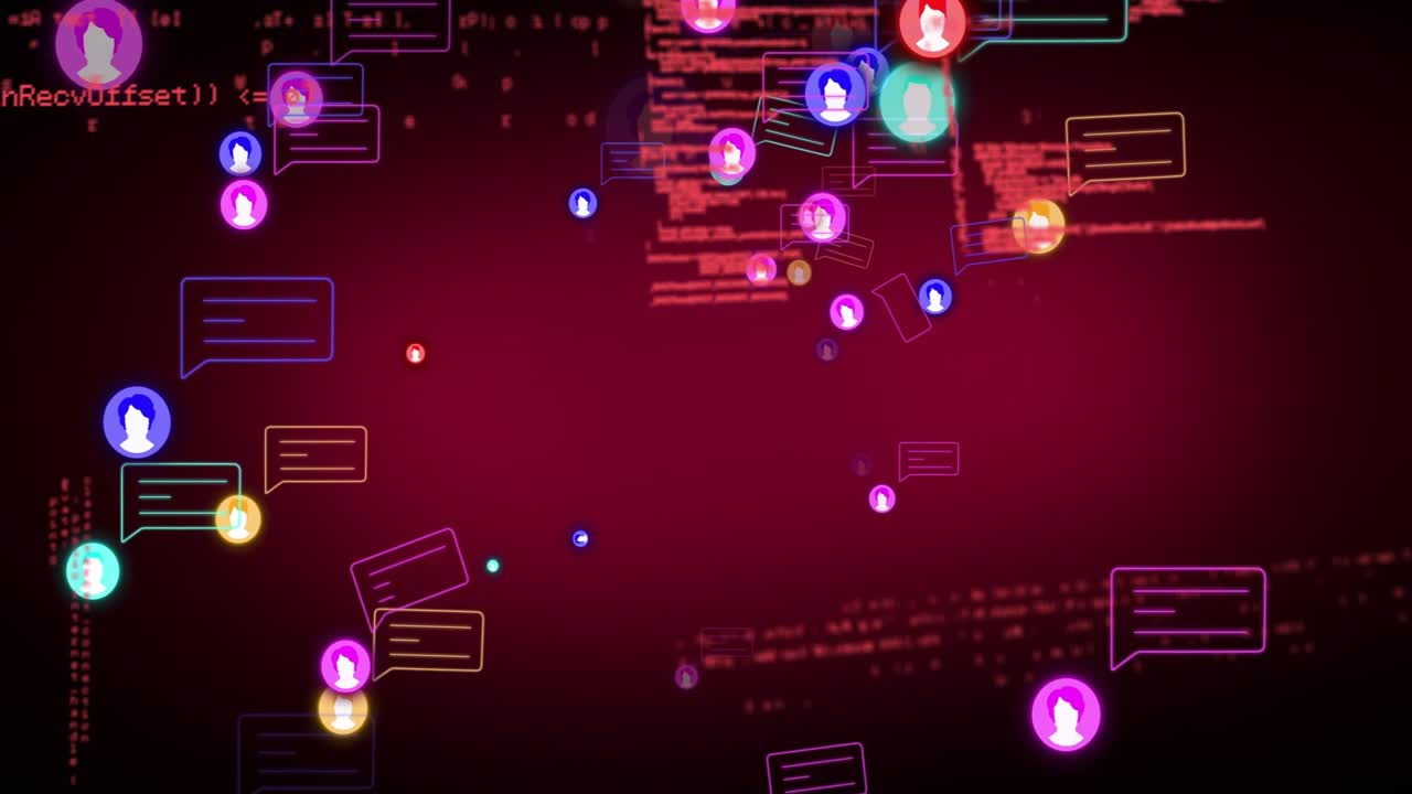 Avatars entering from edges clustering and emitting chat bubbles, visualizing active network