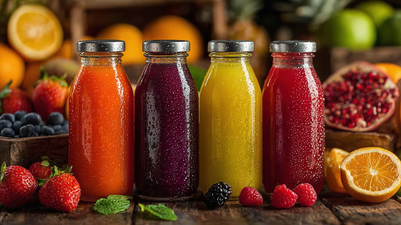 Żywe soki owocowe w szklanych butelkach otoczone świeżymi produktami: oszałamiająca prezentacja kolorów i smaków dla zdrowia i orzeźwienia