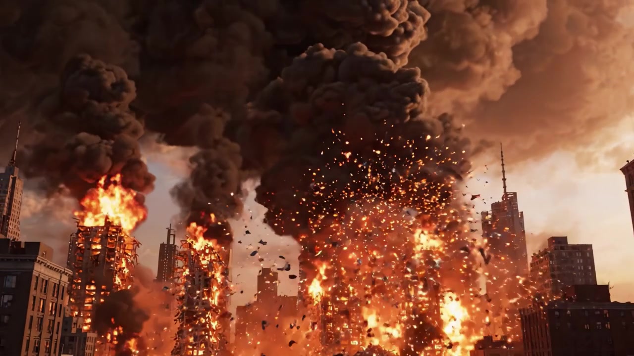 Un inferno distruttivo inghiotte i grattacieli in uno spettacolo cataclismico e infuocato di caos e tumulto, scatenando il potere della devastazione in un paesaggio urbano.