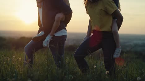 Untere-Gruppe-Von-Eltern-Mit-Kindern,-Die-An-Einem-Sommertag-Auf-Der-Wiese-Spazieren-Gehen.