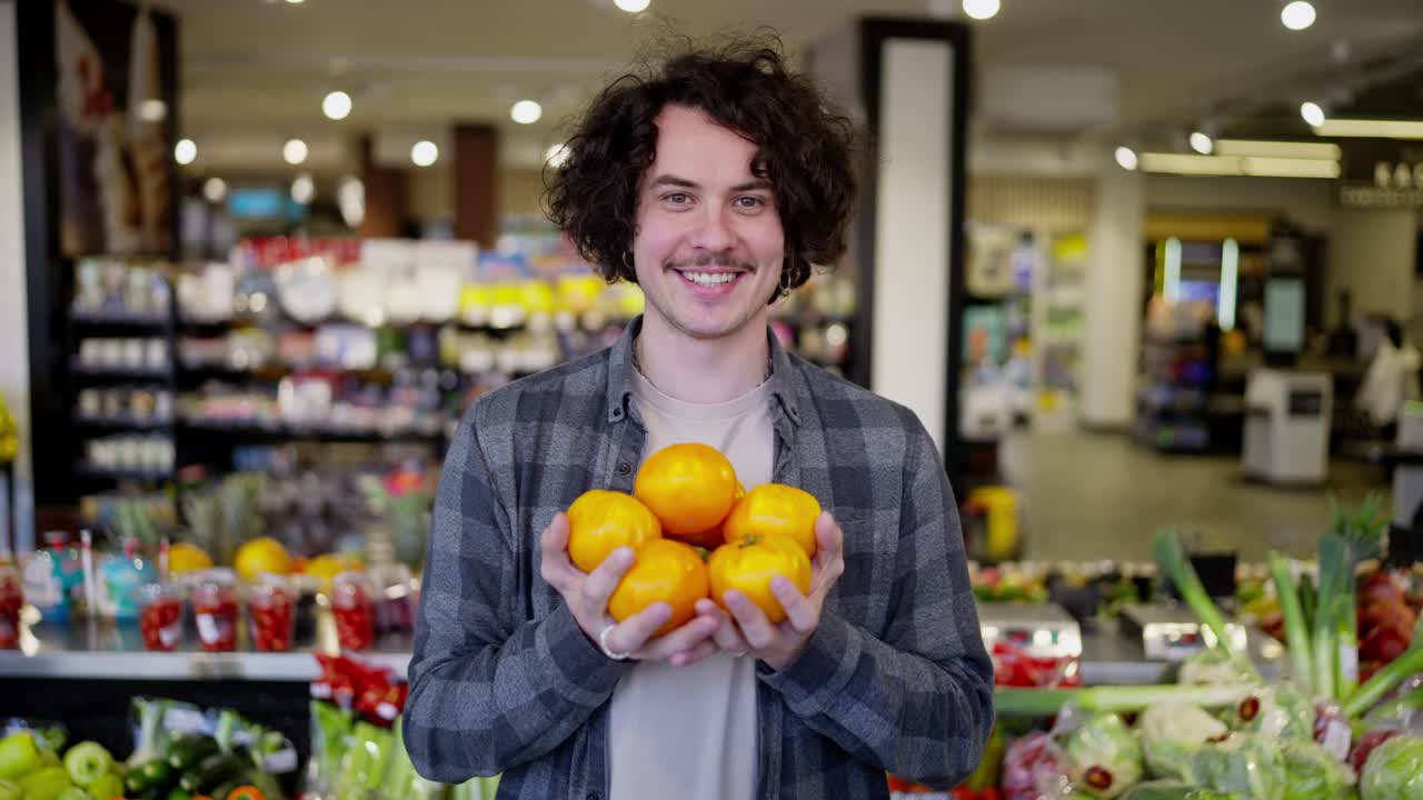 Portrait of a happy brunette guy with a mustache holding yellow fruits in his hands and posing in a grocery store