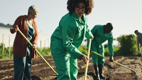 suelo, agricultura y equipo de trabajadores en la granja