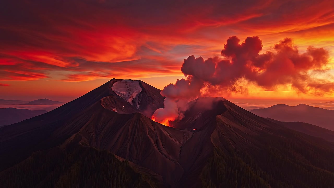 壯麗火紅日落下的火山噴發，煙灰瀰漫。