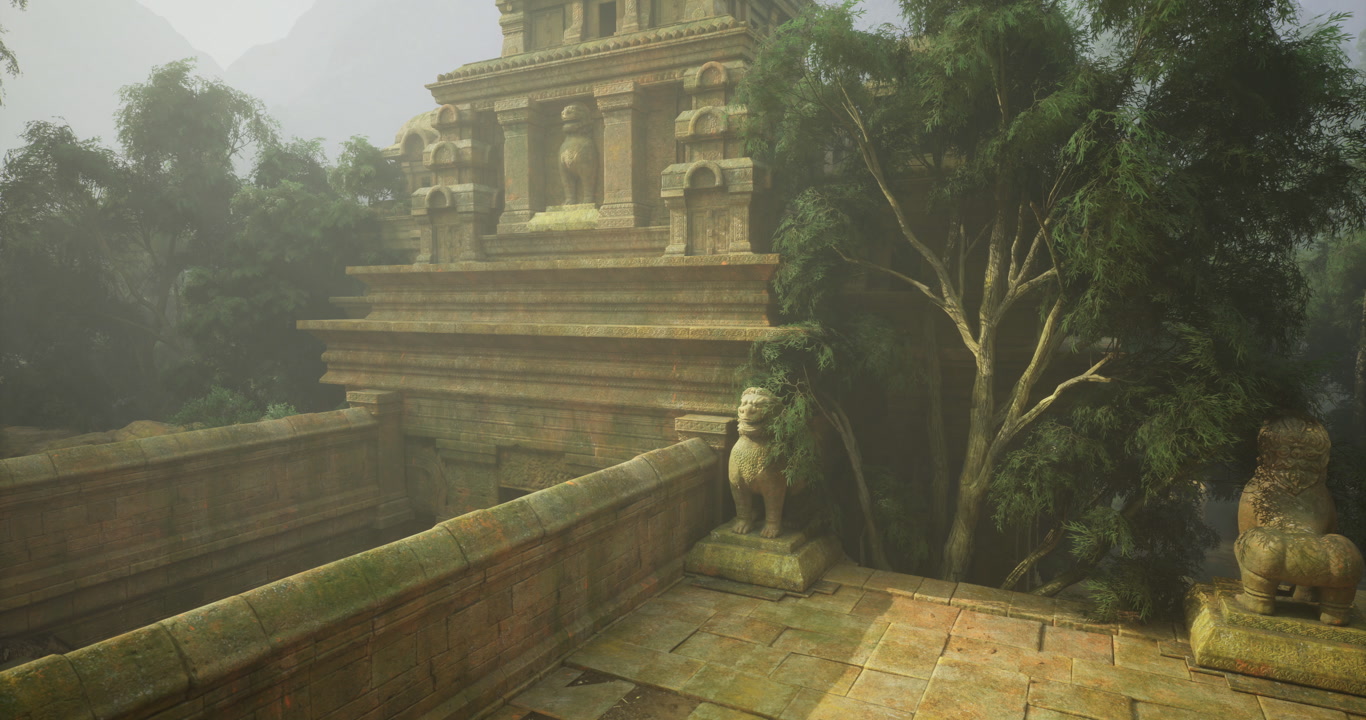 Ancient temple complex surrounded by lush greenery and misty atmosphere