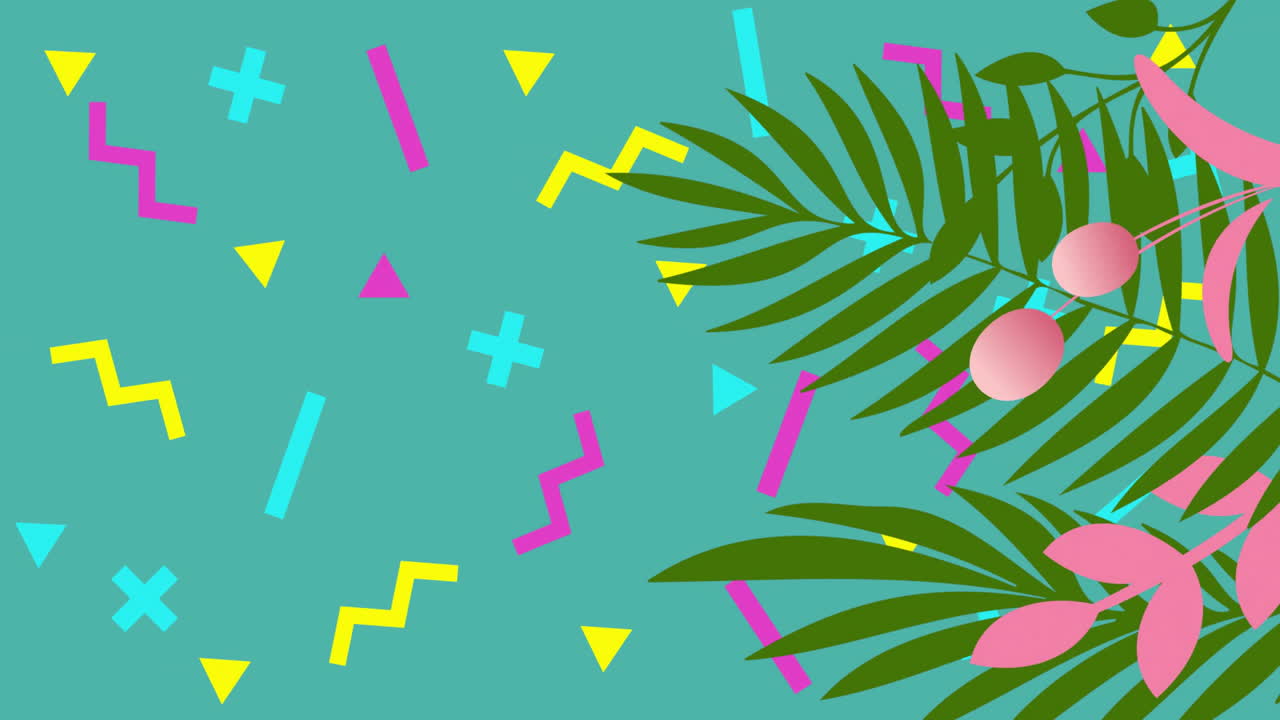 animación de plantas y formas coloridas sobre fondo verde