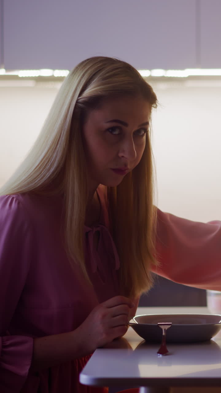 Careful drink spiker adds soporific product into lover drink looking aside during romantic date served in kitchen at home slow motion