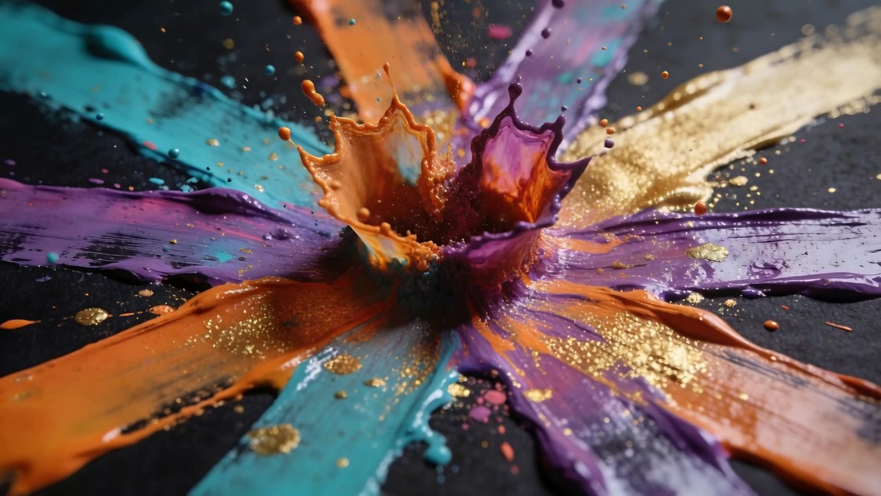 Colliding teal purple paints rebounding by center pulse on dark board, flinging gold droplets